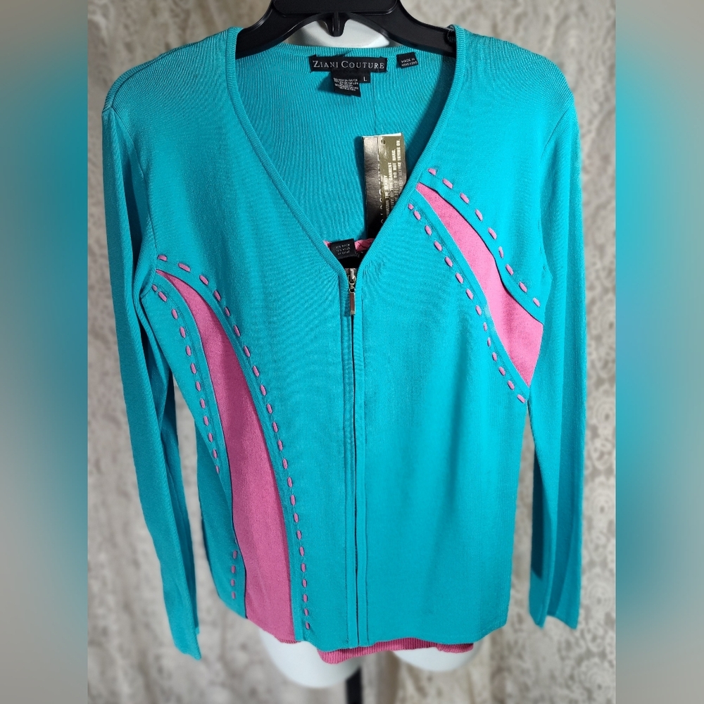 Ziani Couture V-Neck Sweater in Turquoise Set Coordy Wth Pink Camisole